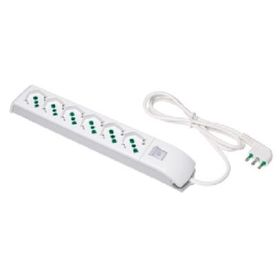 White multiple socket with switch and 1.5 m cable, large plug and 6 Fido universal sockets