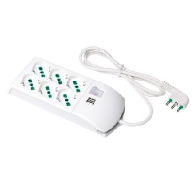 White multiple socket with switch, cable, 3+3 universal sockets and 2 USB Fido