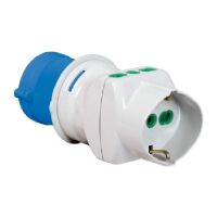 Blue 2P+T CEE plug adapter with 2 bypasses and 1 universal Schuko